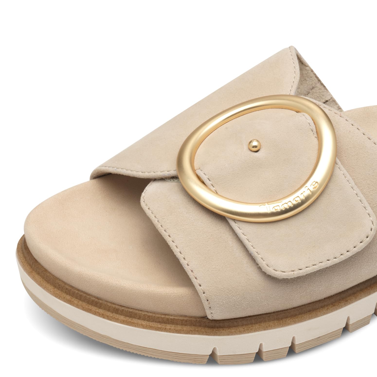 Tamaris Damen Wide Fit Pantoletten flach mit Klettverschluss und Schnalle