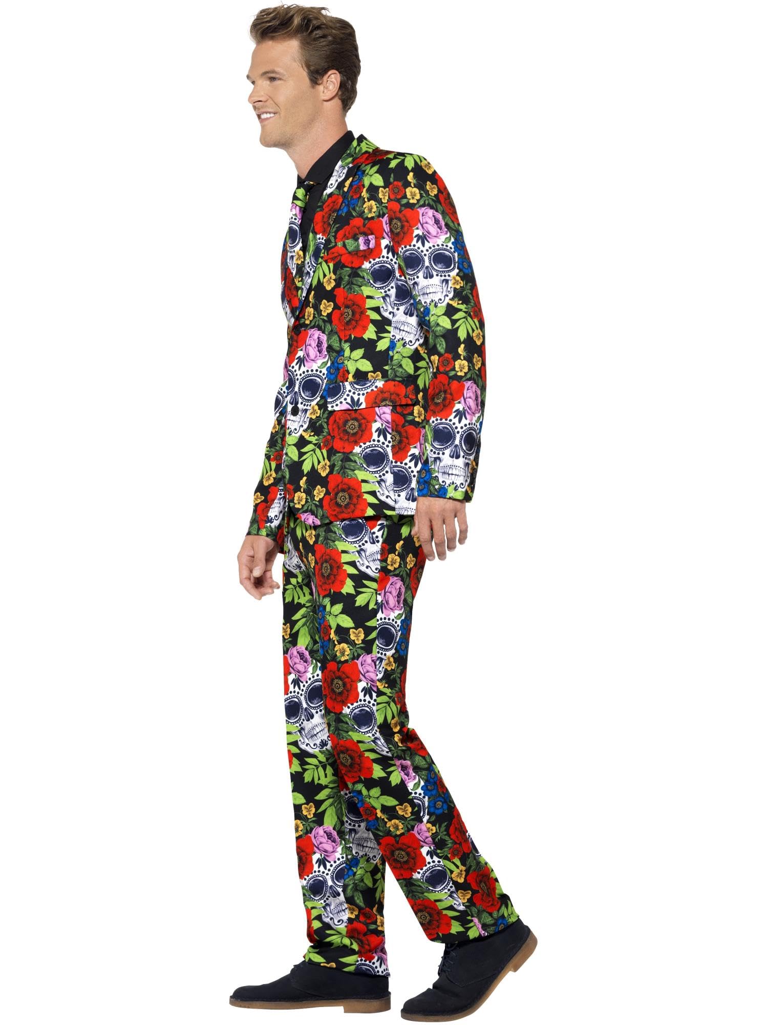 Smiffys Traje del Día de Muertos, Multicolor, con chaqueta, pantalón y corbata Halloween, Carnaval