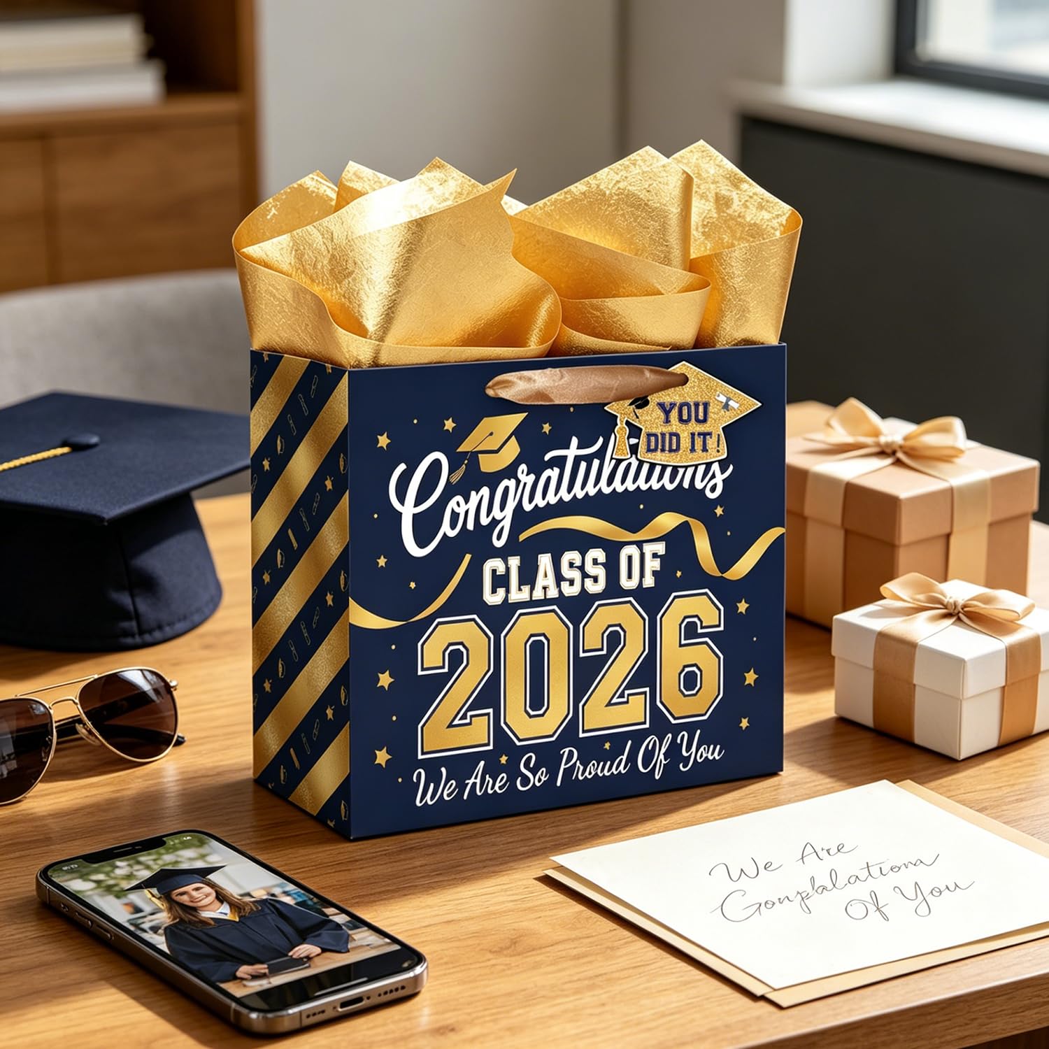 TOTEUSVIA 13" Large Graduation Gift Bag, Blue Gold Congratulations Gift Bags for Class 2026 with Tissue Paper and Greeting Card