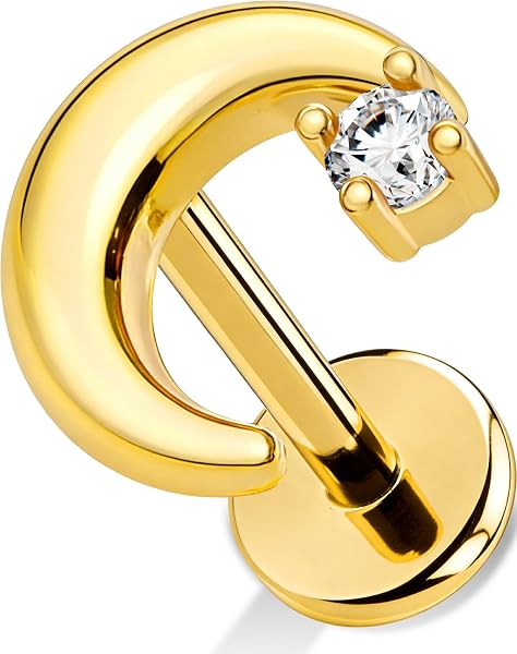 OUFER Body Piercing Helix Stud 18G Stainless Steel Moon CZ Labret Piercing Jewelry Internally Threaded 6mm Bar Gold/Silver Cartilage Earring Tragus Lip Piercings for Women - 1