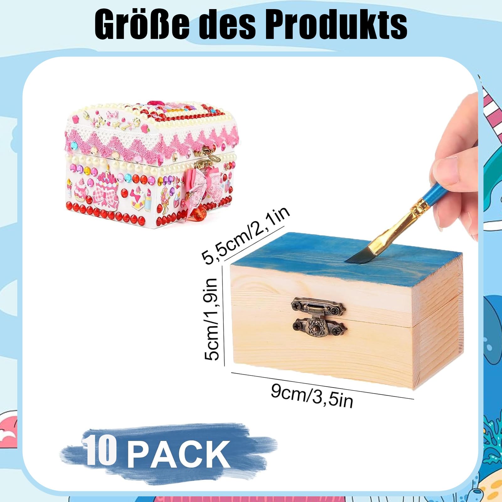 Caja de Madera Pequeña, 10 Pezas Caja de Pequeña DIY, 9 x 5,5 x 5cm Mini Cofre del Tesoro de Madera, Mini Cofre del Tesoro de Rectangular con Tapa, para Almacenamiento y Decorar