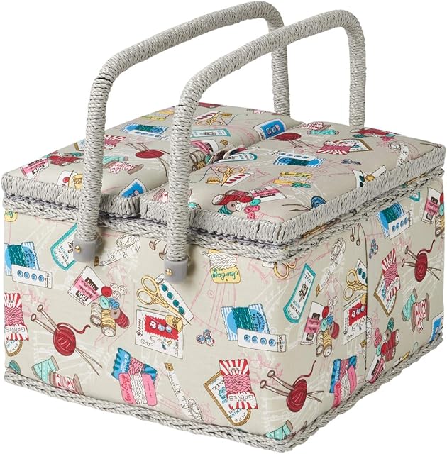 Extra Large Twin Lidded Grey Notions Sewing Box, Contemporary Multi-coloured Pattern Fabric, 25 x 25 x 17cm