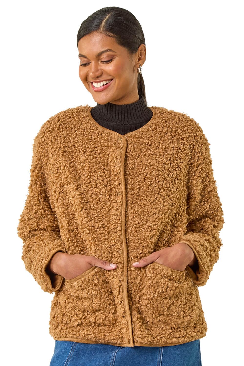 Roman Originals Women's Tan Faux Fur Borg Pocket Front Jacket For Uk - Everyday Autumn Winter Round Neckline Comfy Soft Evening Vacation Work Party Night Out - Size 14