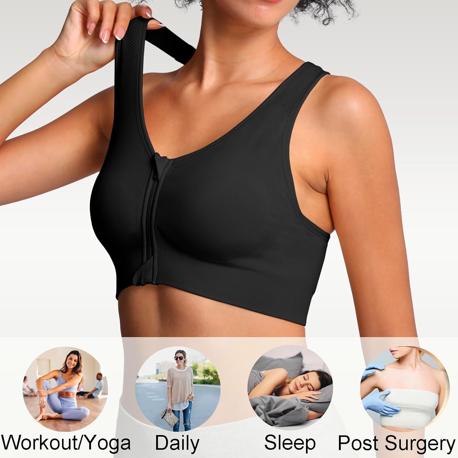 Lemef Front Zipper Sports Bras for Women Wirefree Post Surgery Bra Front Closure Racerback Compression Mastectomy Bras - Image 6
