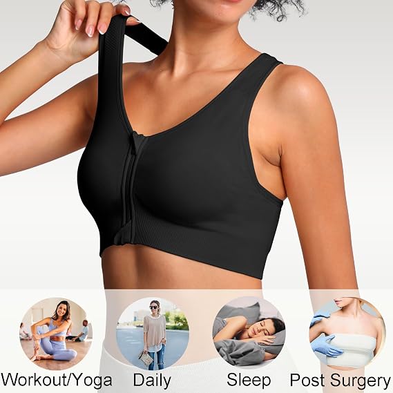 Lemef Front Zipper Sports Bras for Women Wirefree Post Surgery Bra Front Closure Racerback Compression Mastectomy Bras