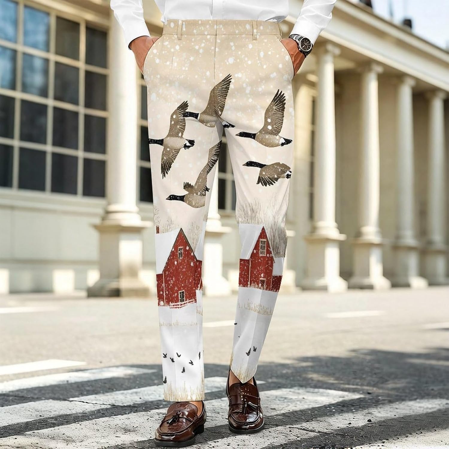 Flying Geese Snow Red House Men's Classic Fit Suit Pants Straight Leg Design Printed Trousers