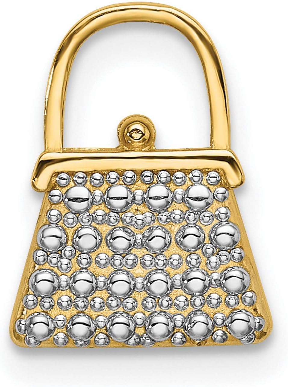 14k Yellow Gold and Rhodium Handbag Charm Pendant for Women with Purse Design, Polished Bead Detailing, Two-Tone Fashion Jewelry Accessory for Necklace or Bracelet, Elegant and Trendy Statement Charm