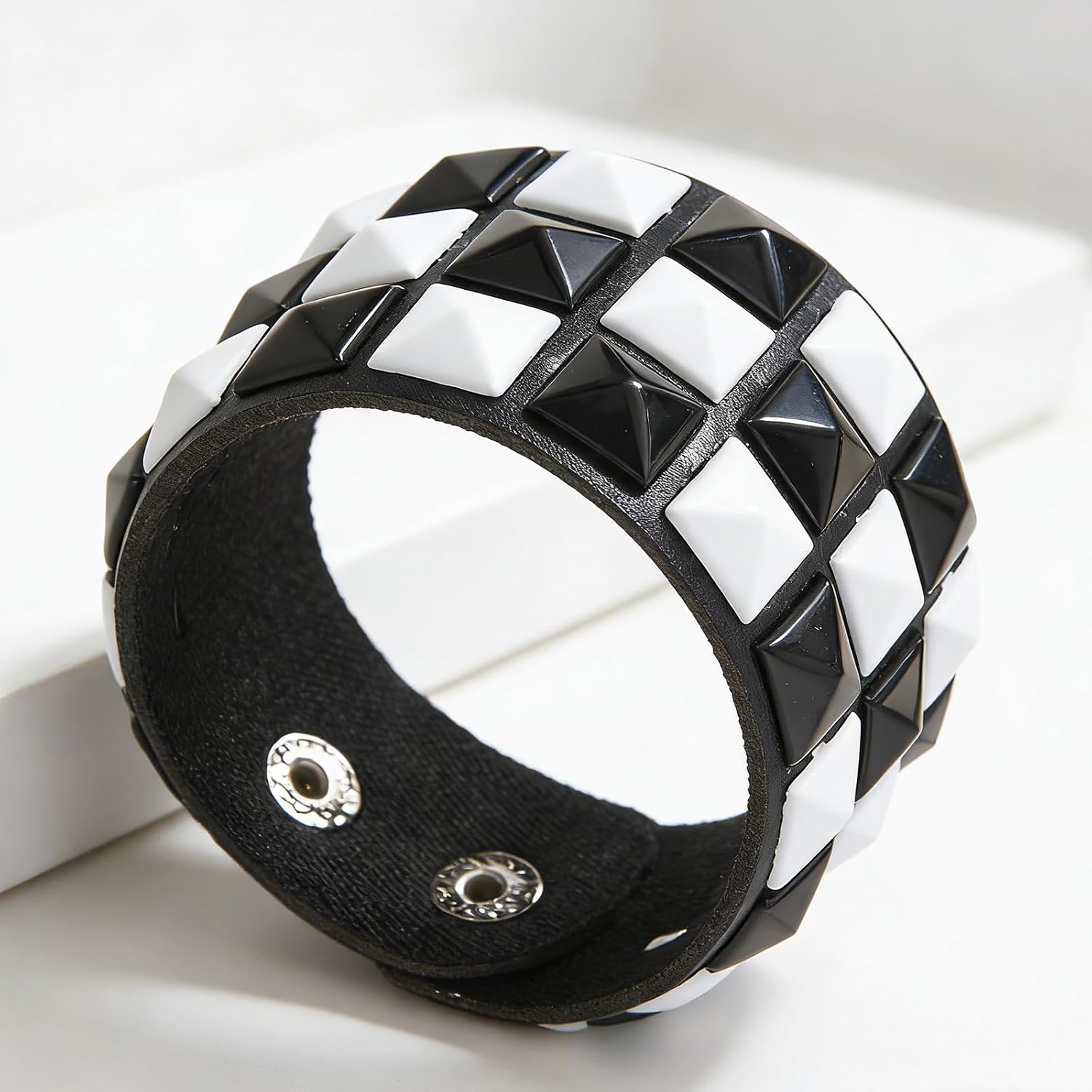 Black White Checkered Punk Leather Cuff Bracelet, 3-Row Studded Gothic Scene Accessories Emo Bracelet for Men Women, Adjustable Snap Genuine Wristband for Party Streetwear