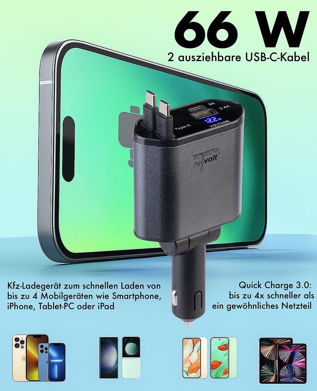revolt Kfz-Handy-Ladegerät: 4er-Set 4in1-Kfz-USB-Ladegerät, USB-C/A, 2 USB-C-Kabel, 66 Watt (Adapter Zigarettenanzünder, Ladebuchsen Zigarettenanzünder)