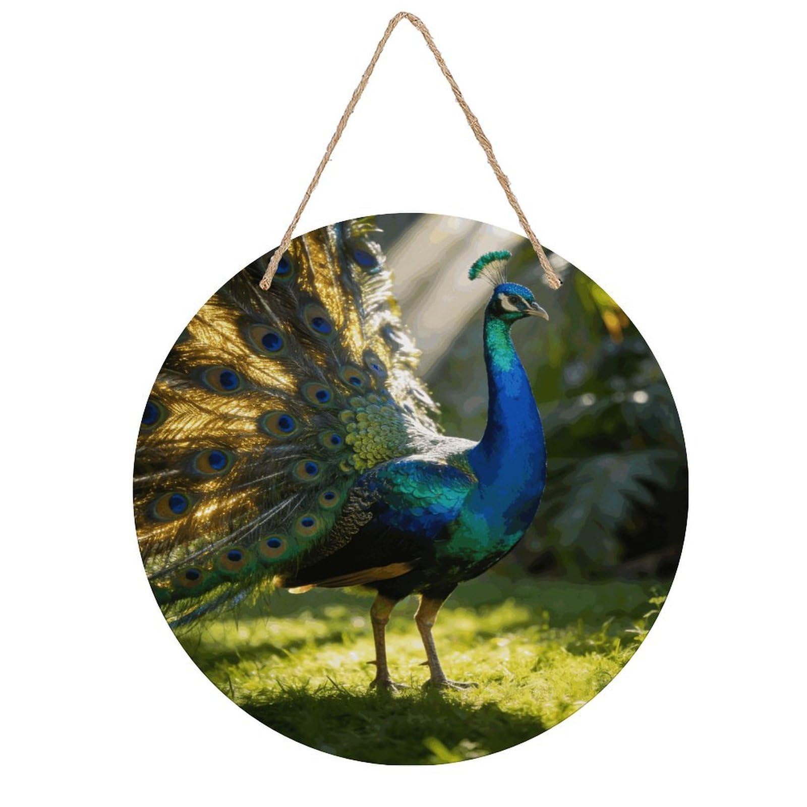 LZQPOEAS Peacock Round Wood Wall Art Painting, 7.9 Inch Circular Wooden Door Hanger Decorative Paintings, Rope-Hanging Wooden Wall Plaque for Home Decor And Office Party