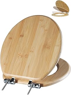 Angol Shiold ROUND Bamboo Wood Toilet Seat Soft Close Zinc Alloy Strong Hinges, Light, Easy to Install & Clean, Up to 400 lbs (Elongated 16.5", Natural Bamboo)