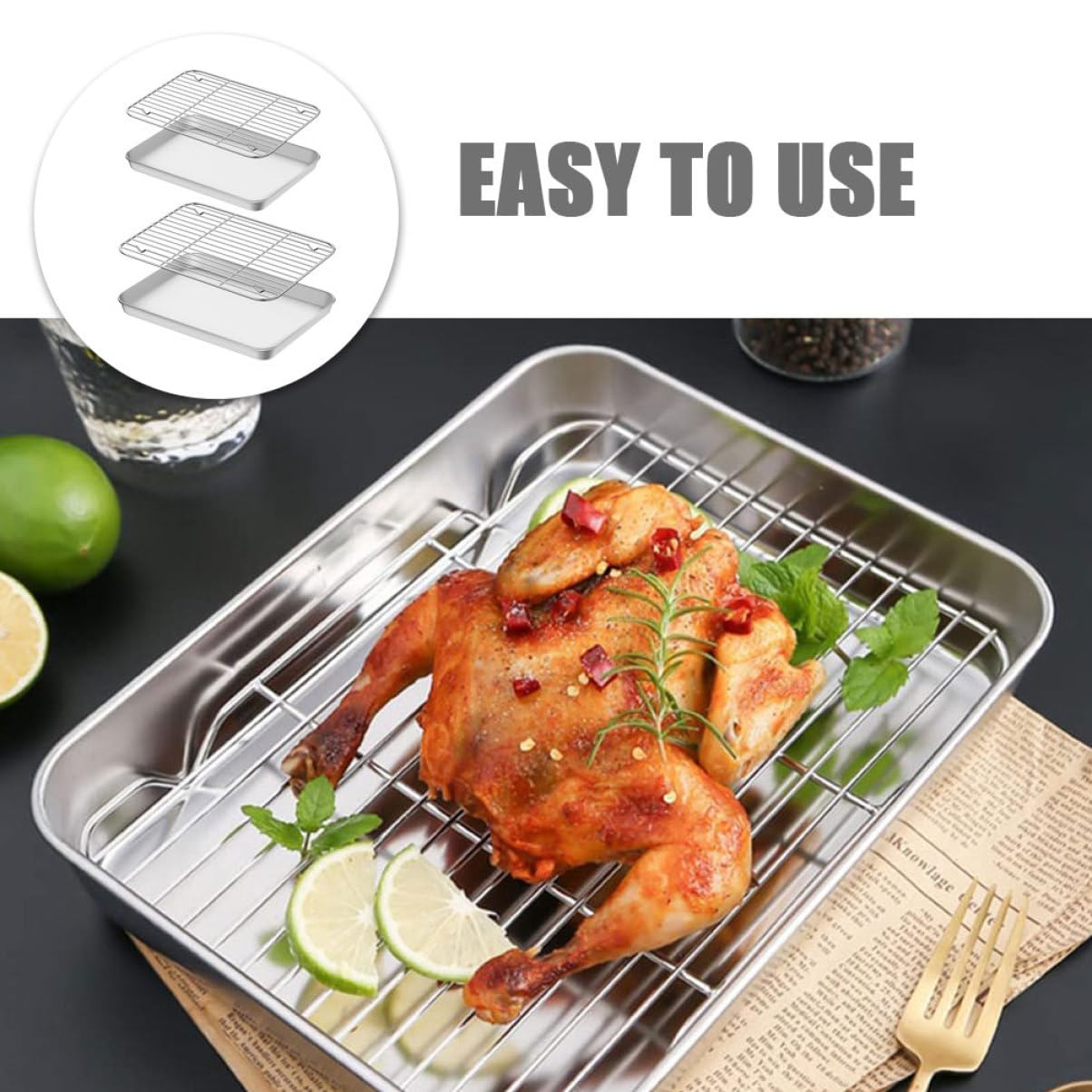 Juego de Bandejas de Horno con Rejilla de Enfriamiento de Acero Inoxidable 304, Tamaño 23.5x17.5 y 26.5x20.5 Cm, Multiusos para Hornear, Asar y Enfriar, Adecuado para Cocina