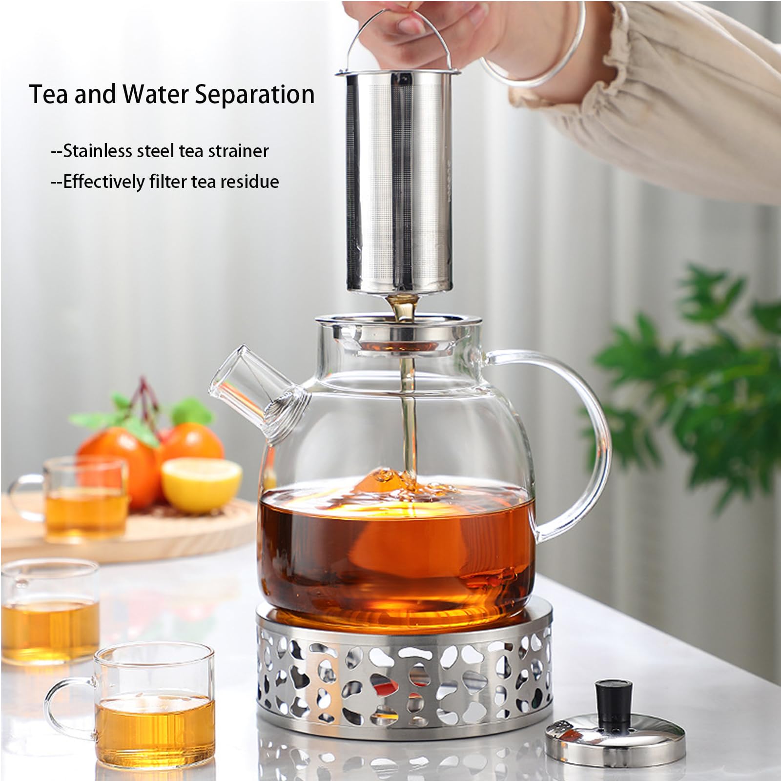 1500ml Vetro Borosilicato Grande teiera, teiera con rimovibile Infusore e Scaldino, mantiene caldo a lungo, lavabile in lavastoviglie