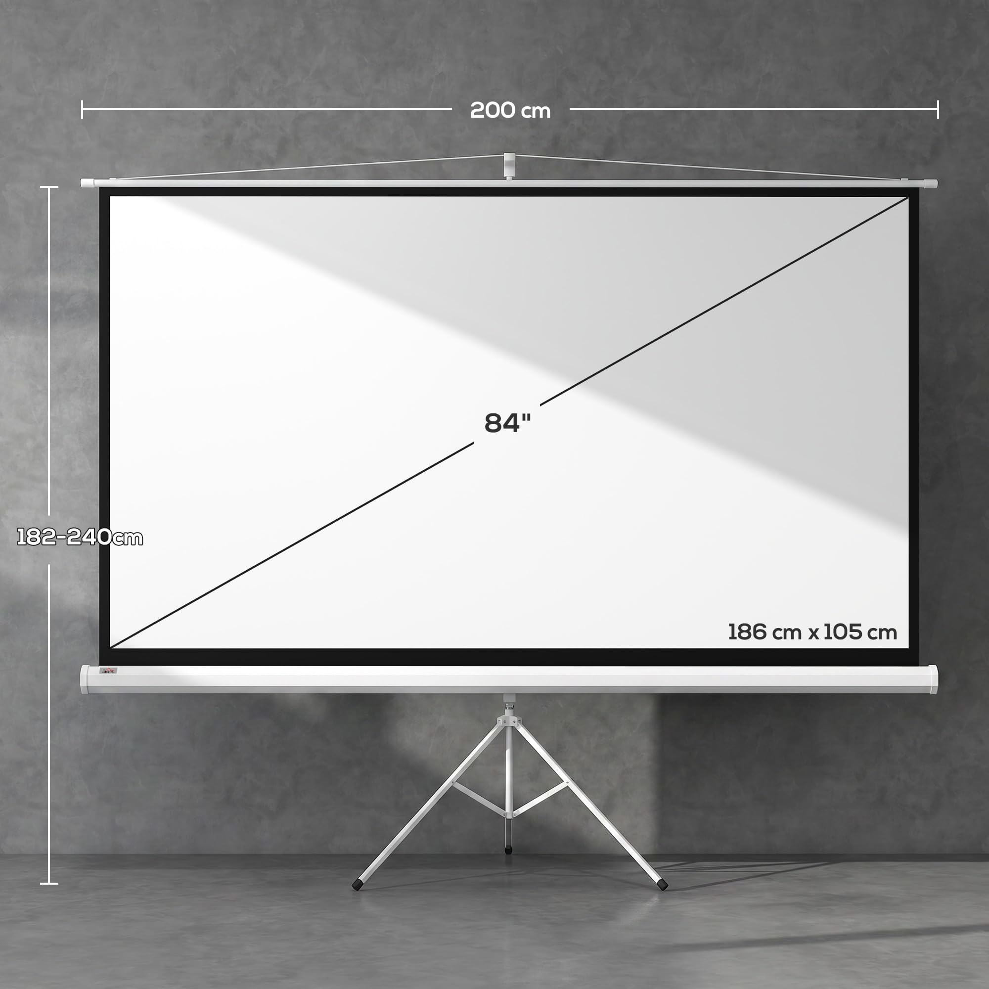 HOMCOM Telo Proiettore da 84 Pollici 4K HD Formato 16:9 con Treppiede Pieghevole e Altezza Regolabile, Schermo Proiettore Portatile, Grandangolo di 160 Gradi, per Casa, Home, Cinema, Esterno, Bianco
