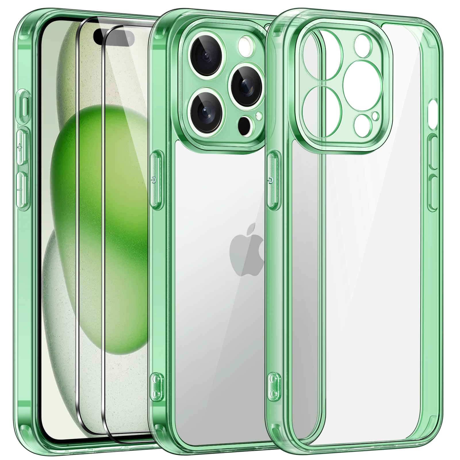 iVoler Cover Chiaro per iPhone 15 Pro Max con 2 Pezzi Pellicola Vetro Temperato, [Antiurto di Grado Militare][Protezione Fotocamera] Custodia Trasparente Sottile Anti-Ingiallimento Case - Menta Verde