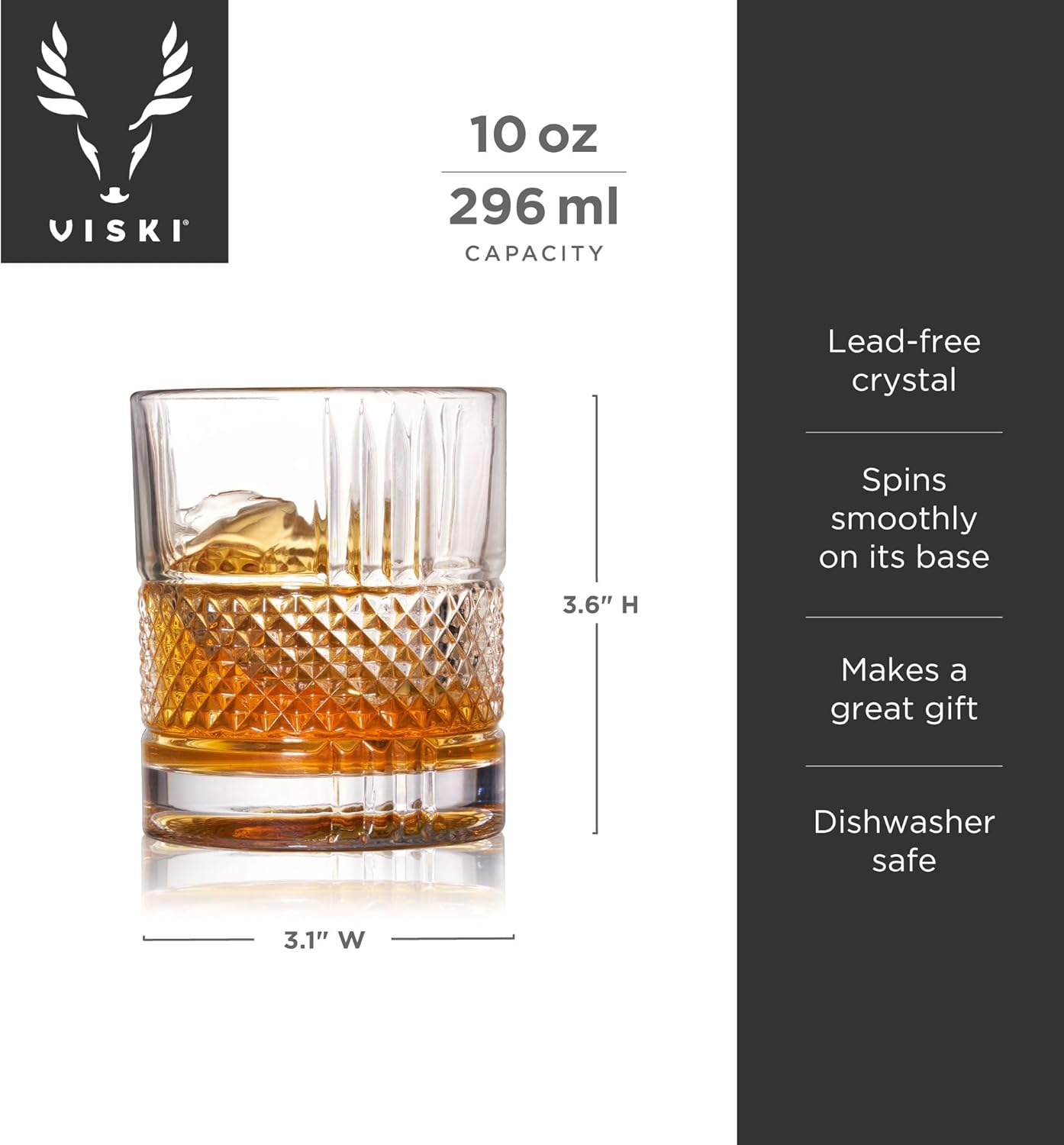 Viski Revolve Spinning Whiskey Glass, Unique Bourbon Glass, Old Fashioned Cocktail glass, Crystal Cut Scotch Glass, Set of 1, 10oz - Image 4