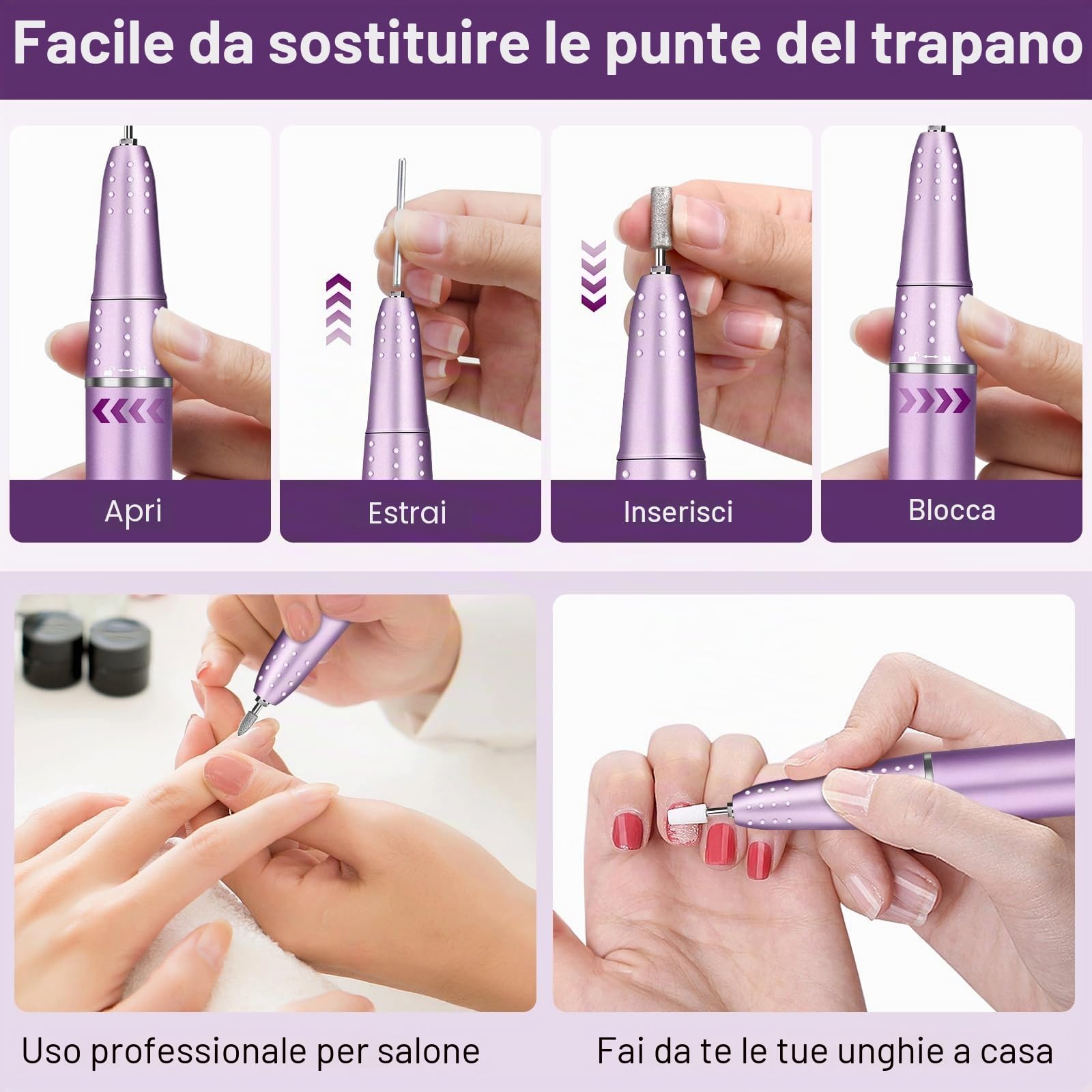 Fresa Per Unghie Professionale,Fresa Per Unghie 45000 Giri/Min,Trapano Elettrico Per Unghie Con 11 Punte Display Led,Lime Per Unghie Portatili Unghie Acriliche E Gel,Manicure E Pedicure (Viola)