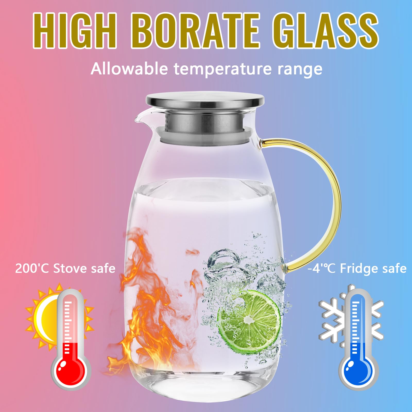 Caraffa In Vetro Borosilicato 2L Con Coperchio Acciaio - Per Acqua, Thé, Succo, Lavabile - Foto 8