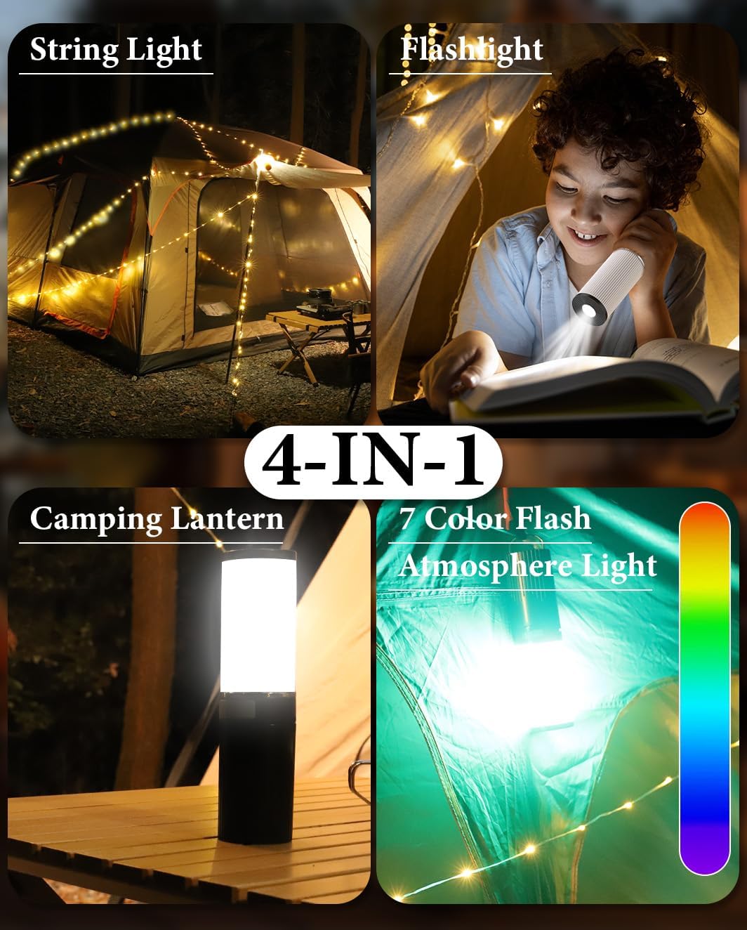 Camping String Lights, 4 in 1 Outdoor String Lights with 9 Light Modes(50Ft), LED String Lights Waterproof IPX6 Portable Camping Lantern Rechargeable for Tent,Camping,Yard,Decoration-Warm White
