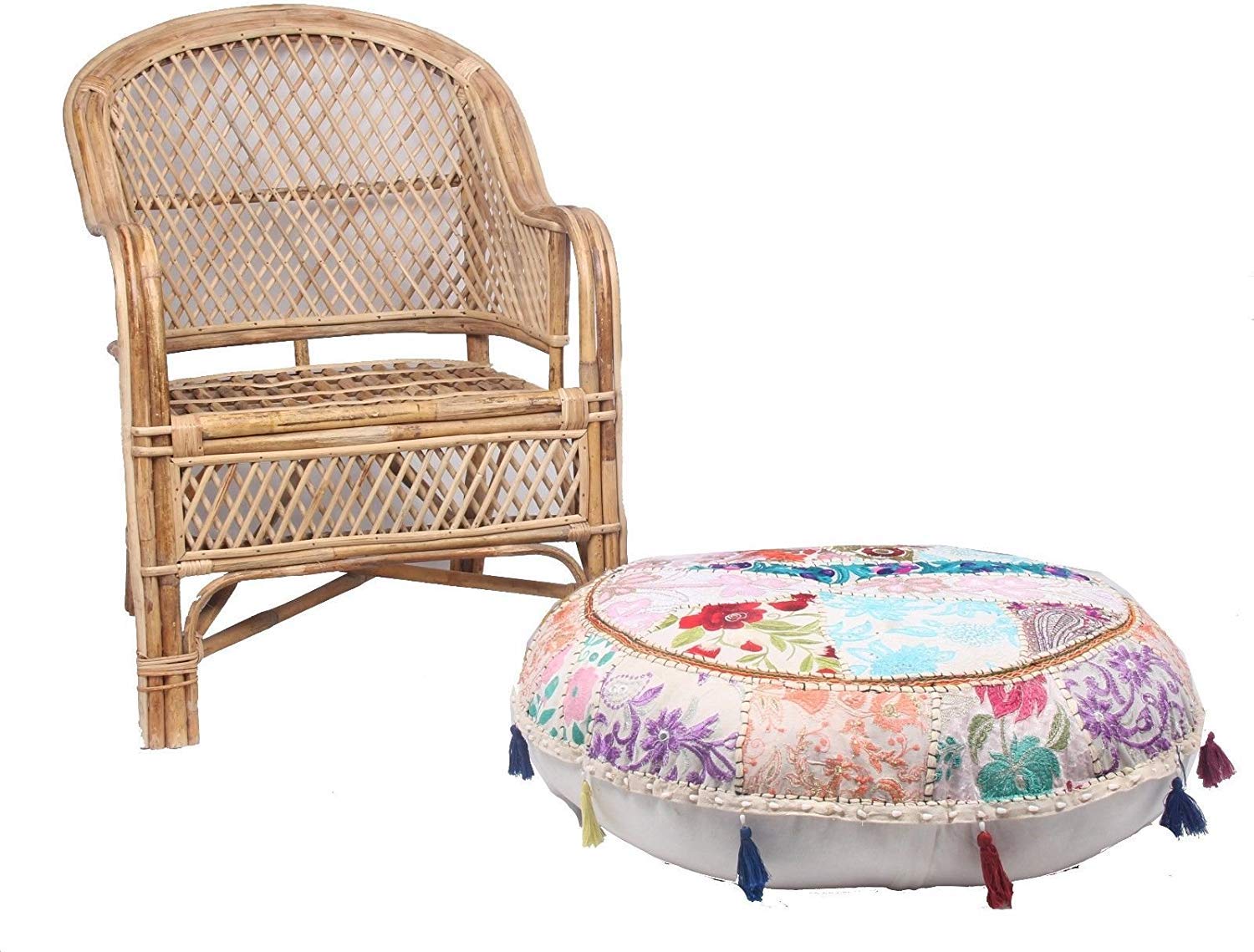 Sophia Art Round Floor Pillow Cushion Patchwork Pouf Ottoman Vintage Indian Foot Stool Bean Bag Floor Pillow Cover Home Decor Living Room Ottoman Bohemain Pillows (White, 28 Inch)