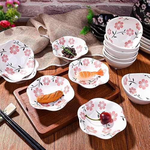 Miniatura 4 de Juego de 6 platos japoneses de cerámica para salsa de soja para aperitivos de sushi y condimentos con flores de cerezo blanco (HY)