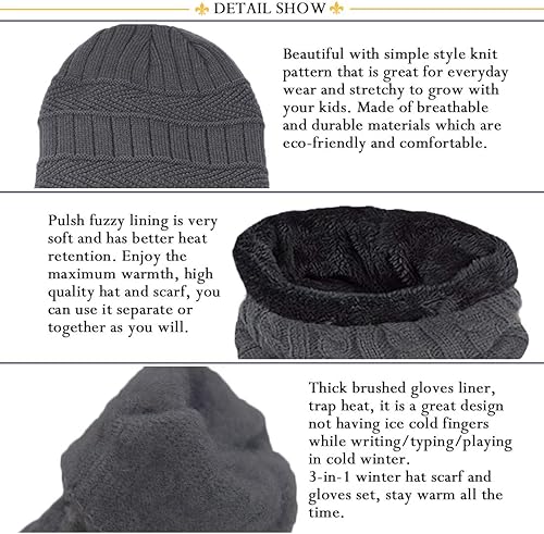 Miniatura 2 de T WILKER Juego de 3 gorros de invierno para niños, bufanda y guantes para pantalla táctil