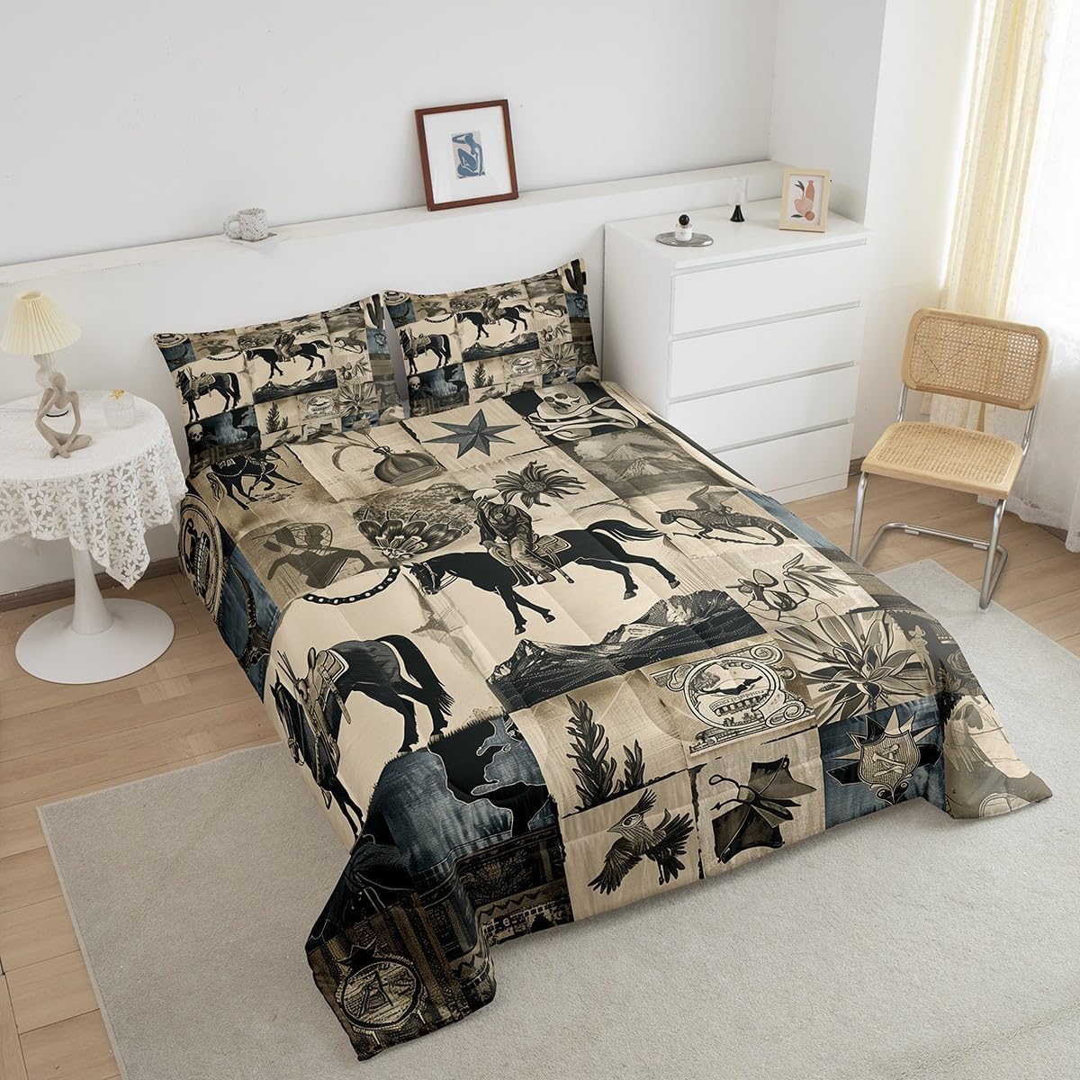 Feelyou Western Cowboy Comforter Set Full Size for Boys Men Teens Retro Farmhouse Bedding Set American Wild West Desert Patchwork Down Comforter Country Theme Bedroom Decor Duvet Set