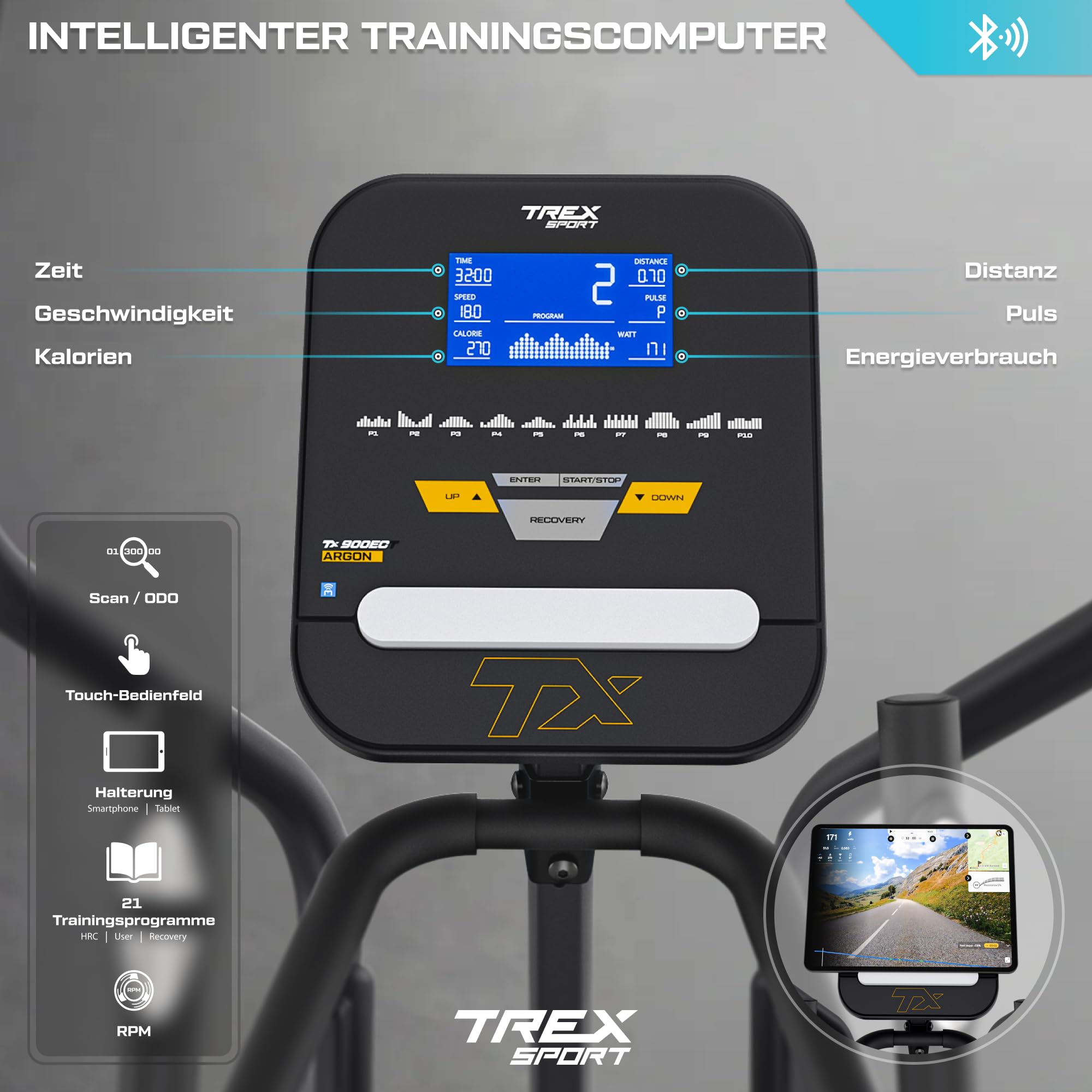 TREX SPORT Crosstrainer für zuhause Argon bis 135kg 32 Stufen Kinomap App | TX-900ECT Ellipsentrainer mit elektromagnetischem System, 18 kg Schwungrad, 32 Widerstandsstufen, 21 Programme, Schwarz