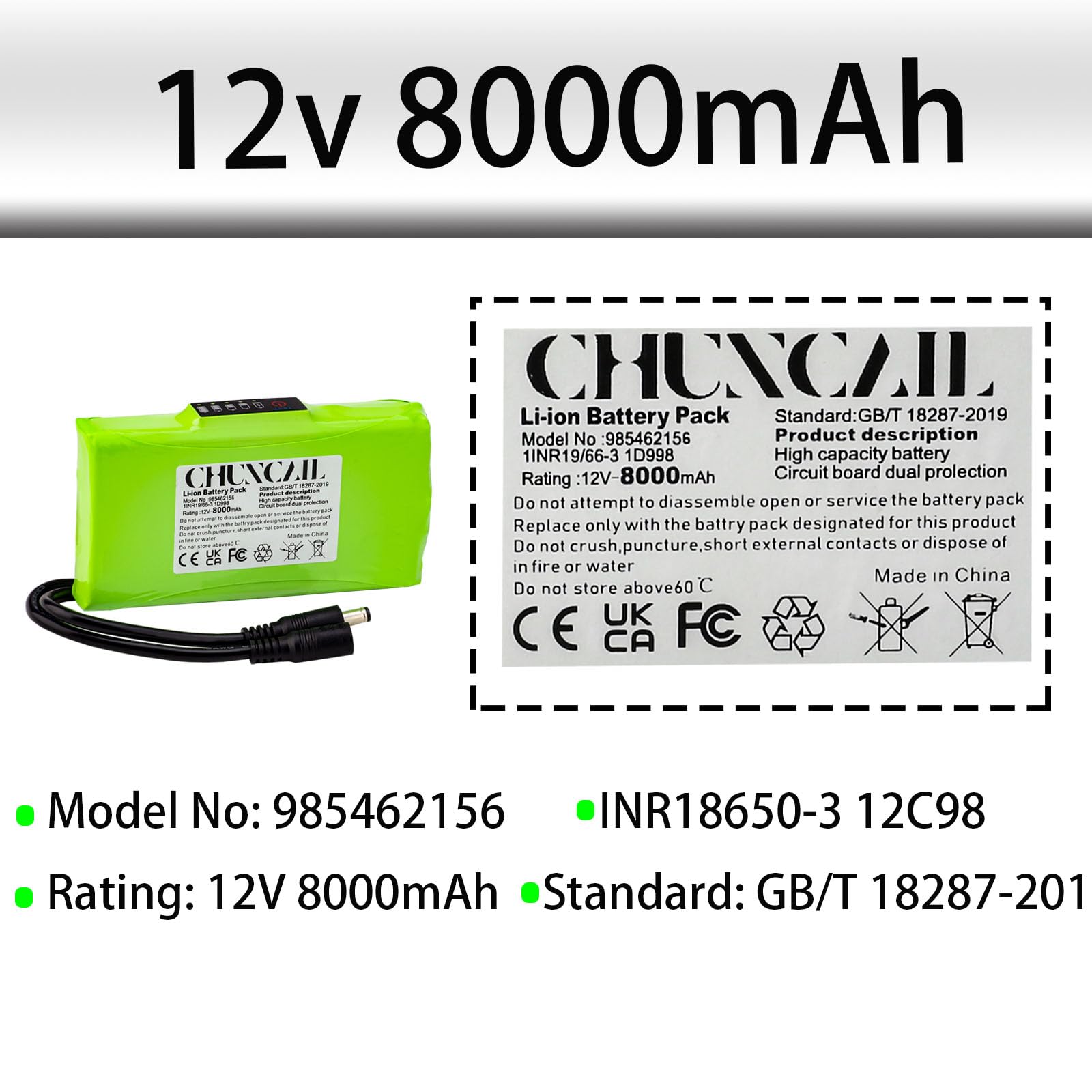 Batería de iones de litio de 12 V, 8 Ah, fuente de alimentación móvil, batería de gran capacidad, audio con cabezal CC e indicador de alimentación para luz LED, proyecto de bricolaje, paquete de