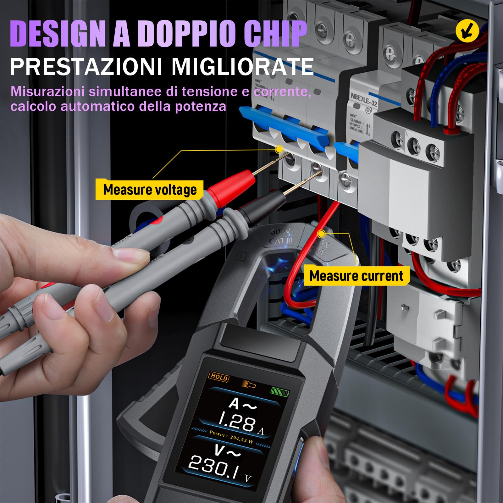 DMC-100 Pinza amperometrica CA/CC, 10000 Conteggi TRMS Multimetro Digitale, 600A Amperometro Ricaricabile con Registrazione Della Curva, Torcia Elettrica, Misura NCV, Resistenza, Capacità, Temperatura