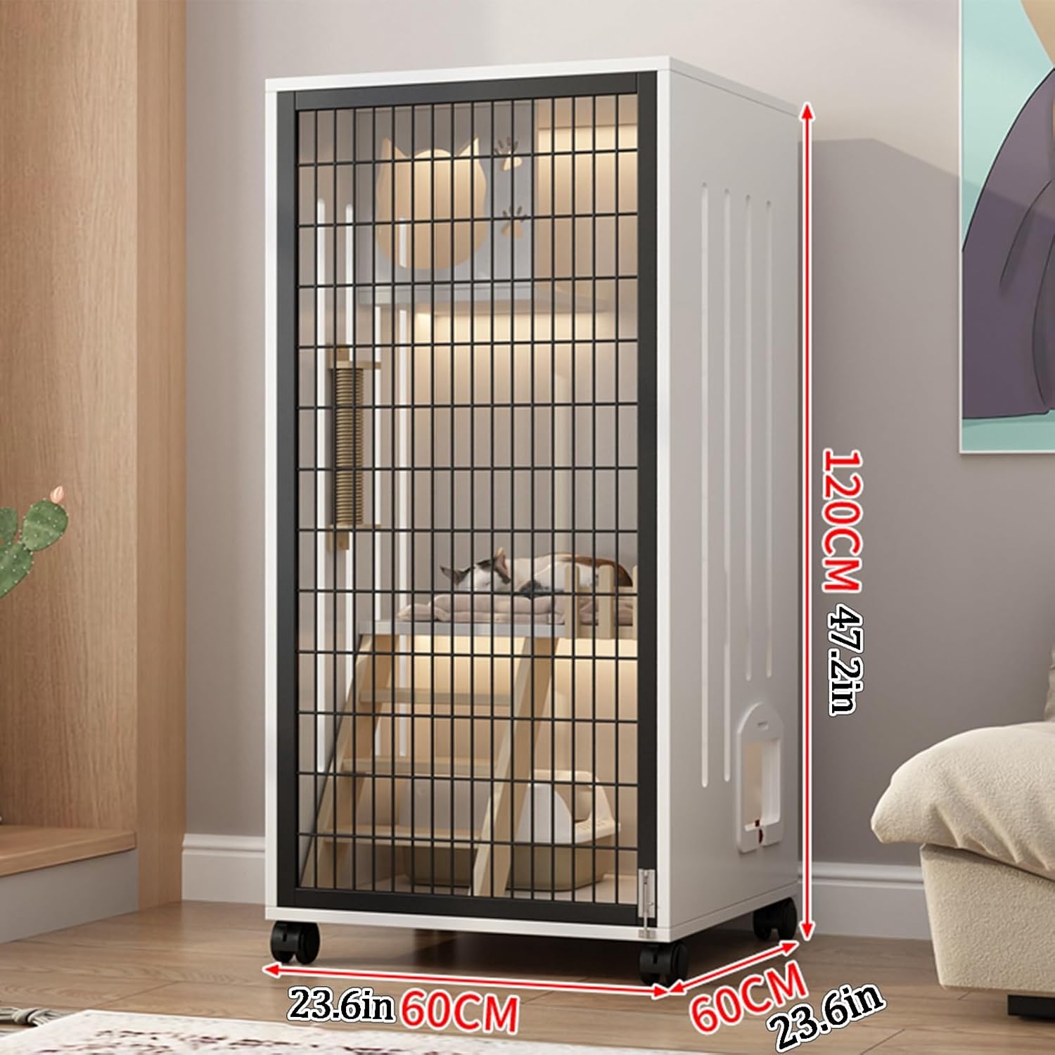 Cat Playpen, Panoramic see-through Cat Enclosures, Indoor luxury cat villa, DIY cat playpen, Hollow design on both sides to avoid stuffiness, for indoors or outdoors(Gray+Black,23.6x47.2)