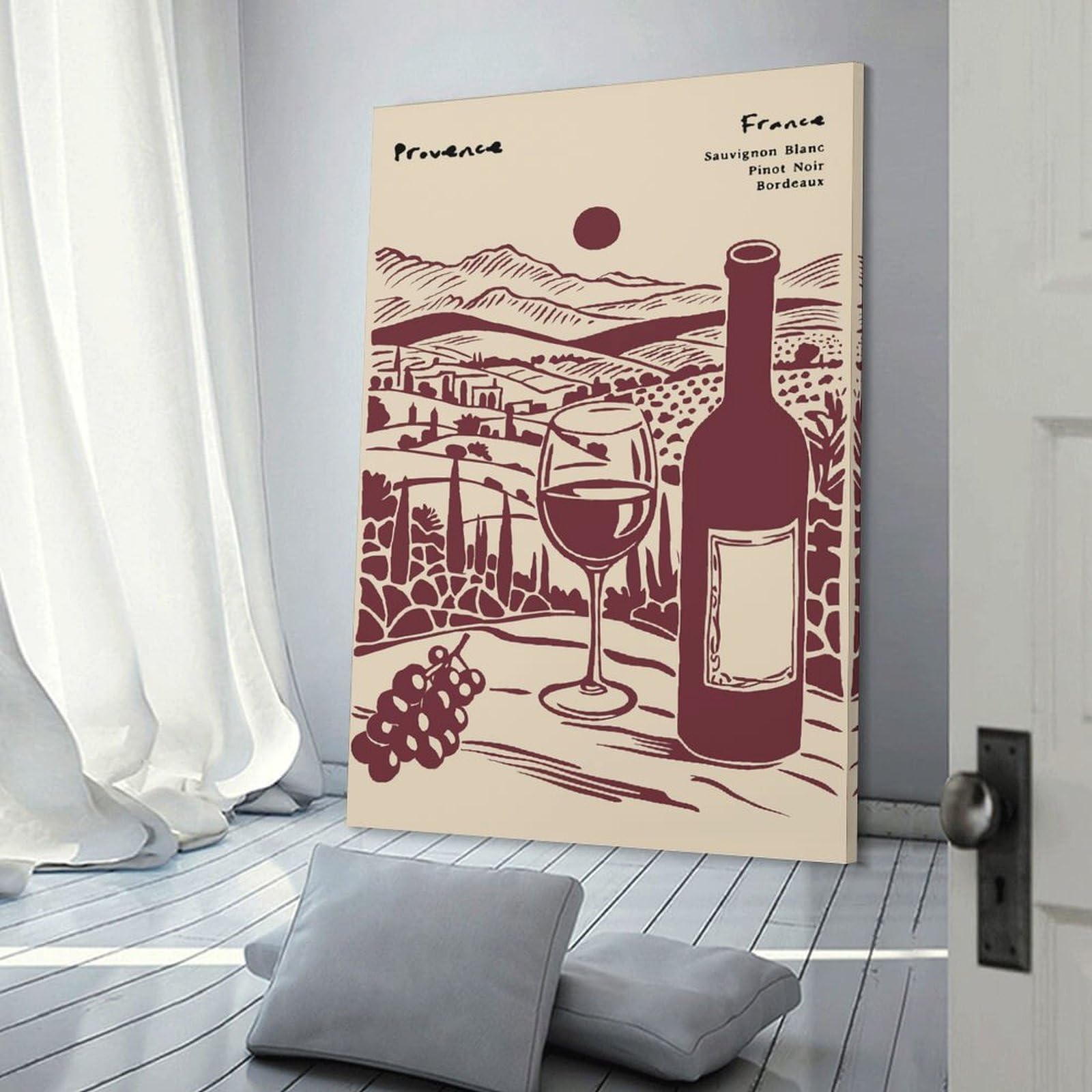 Junmoney Provence Wine Country Illustration Canvas Art Print 12x18inch(30x45cm), for Feature Walls in Flats Or Modern Rooms, Ideal for Building A Coordinated Art Wall