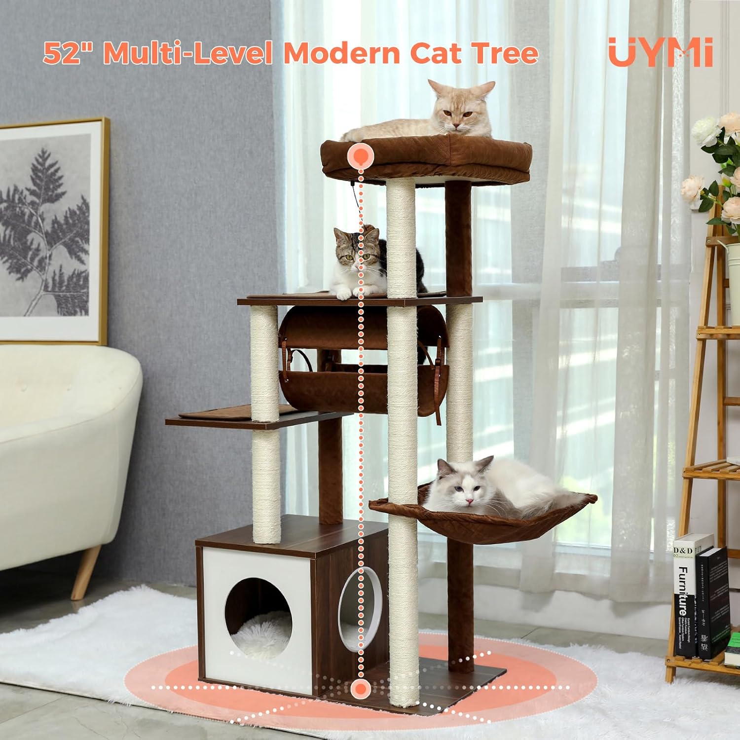 52" Wood Cat Tree for Large Cats, Modern Cat Tower with Fully Sisal Covered Scratching Posts, Luxury Cat Furniture with Spacious Perch, Super Large Hammock, Cozy Condo and Swing Tunnel Brown