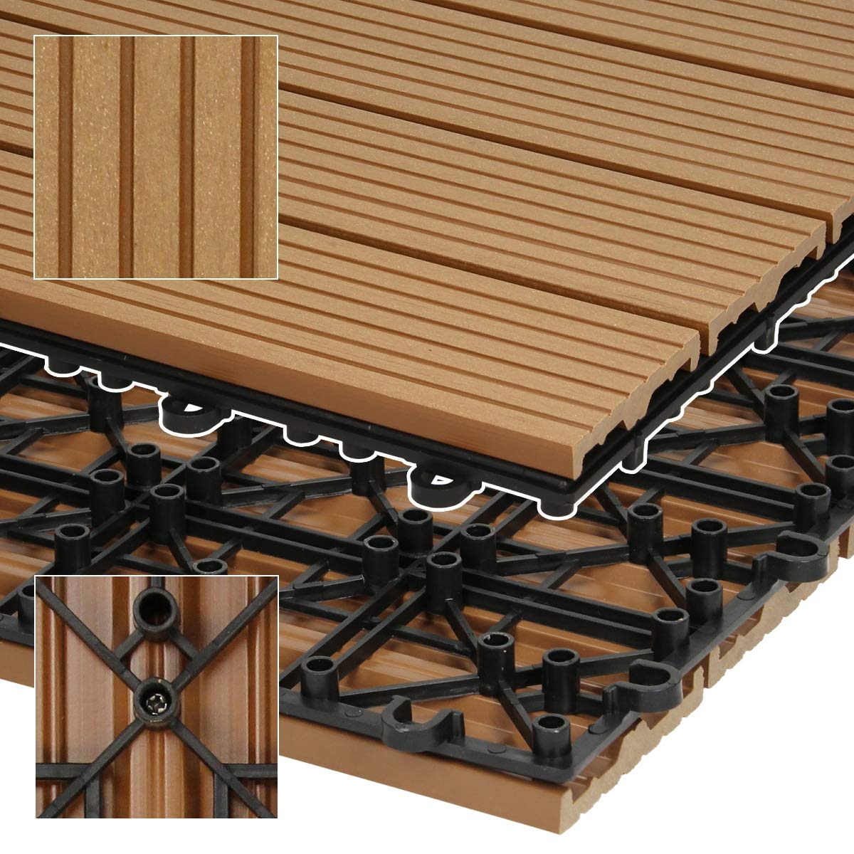 ECD Germany WPC Terrassenfliesen 30x30 cm/11 Fliesen=1m², Teak, geriffelt, Holzoptik, Bodenbelag mit Klicksystem und Drainage, Terrassendielen Balkonfliesen, Klickfliesen für Terrasse Garten Balkon