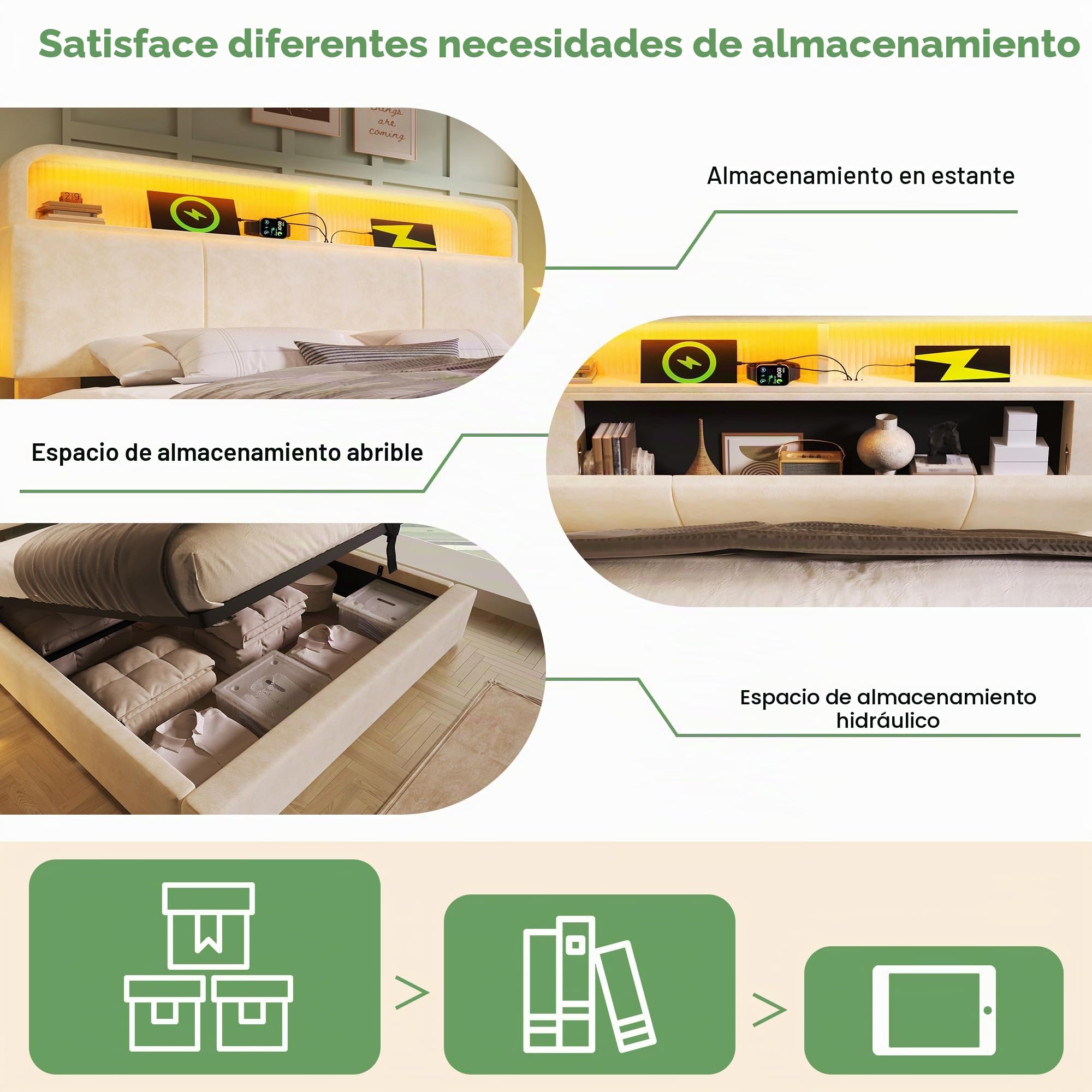LAKFEW Cama 140x190 cm Camas Matrimoniales con USB y LED, Cama Juvenil Cama Tapizada con Almacenaje Hidráulico y Cabecero Ajustable con Almacenaje, Listones de Madera, Terciopelo, Beige, Sin Colchon