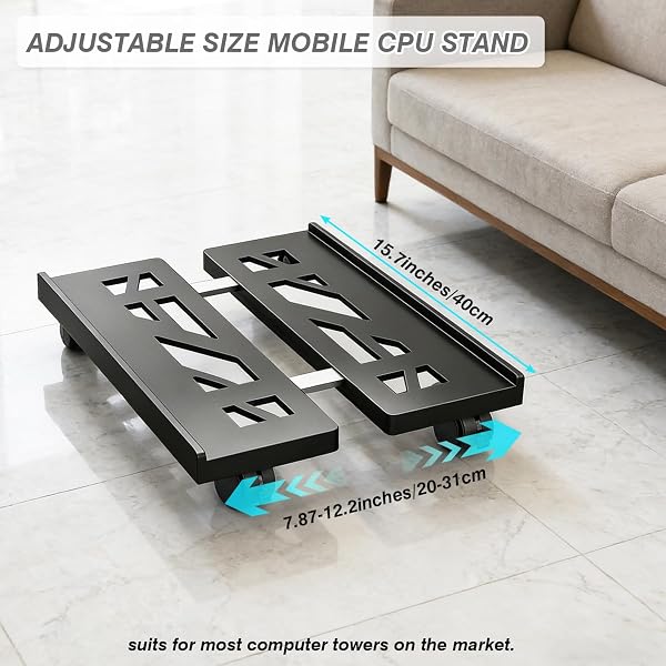 CPU Stand for PC, Desktop Computer Tower Stand, Adjustable CPU Holder, Universal Mobile PC Stand with Rolling Lockable Castors, CPU Trolley Under Desk - Black - 2