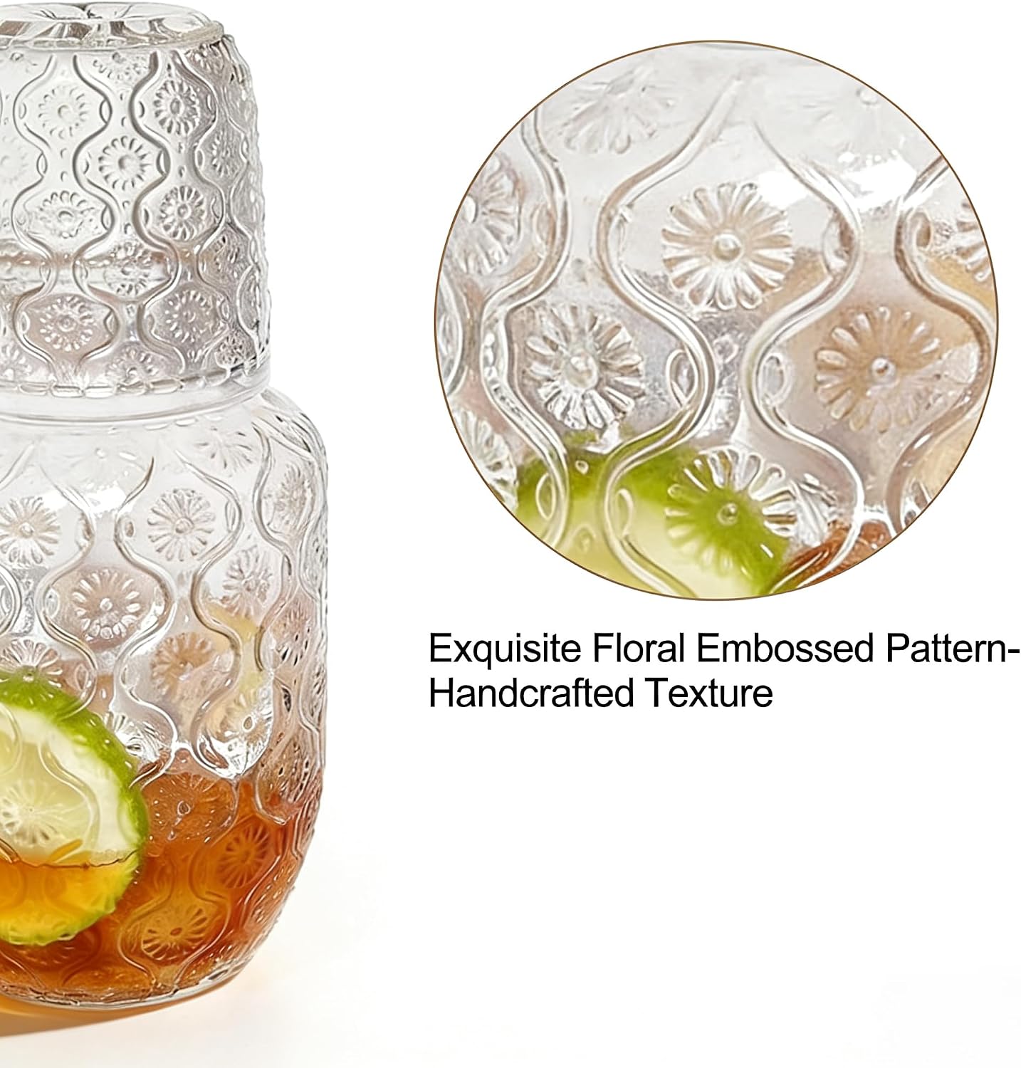 Vintage Embossed Glass Carafe Set with Cup, 440ml Carafe and 150ml Glass, Decorative Pattern Beverage Pitcher for Iced Tea, Lemonade and Cocktails