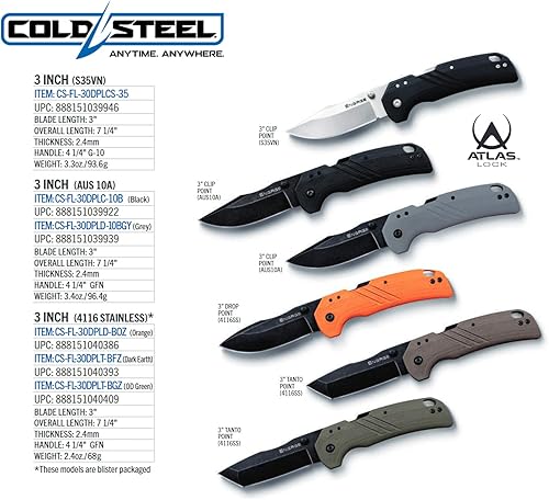 Miniatura 7 de COLD STEEL Engage AUS10A - Cuchillo plegable táctico con mango de 4.25 pulgadas con cierre Atlas de 3 pulgadas