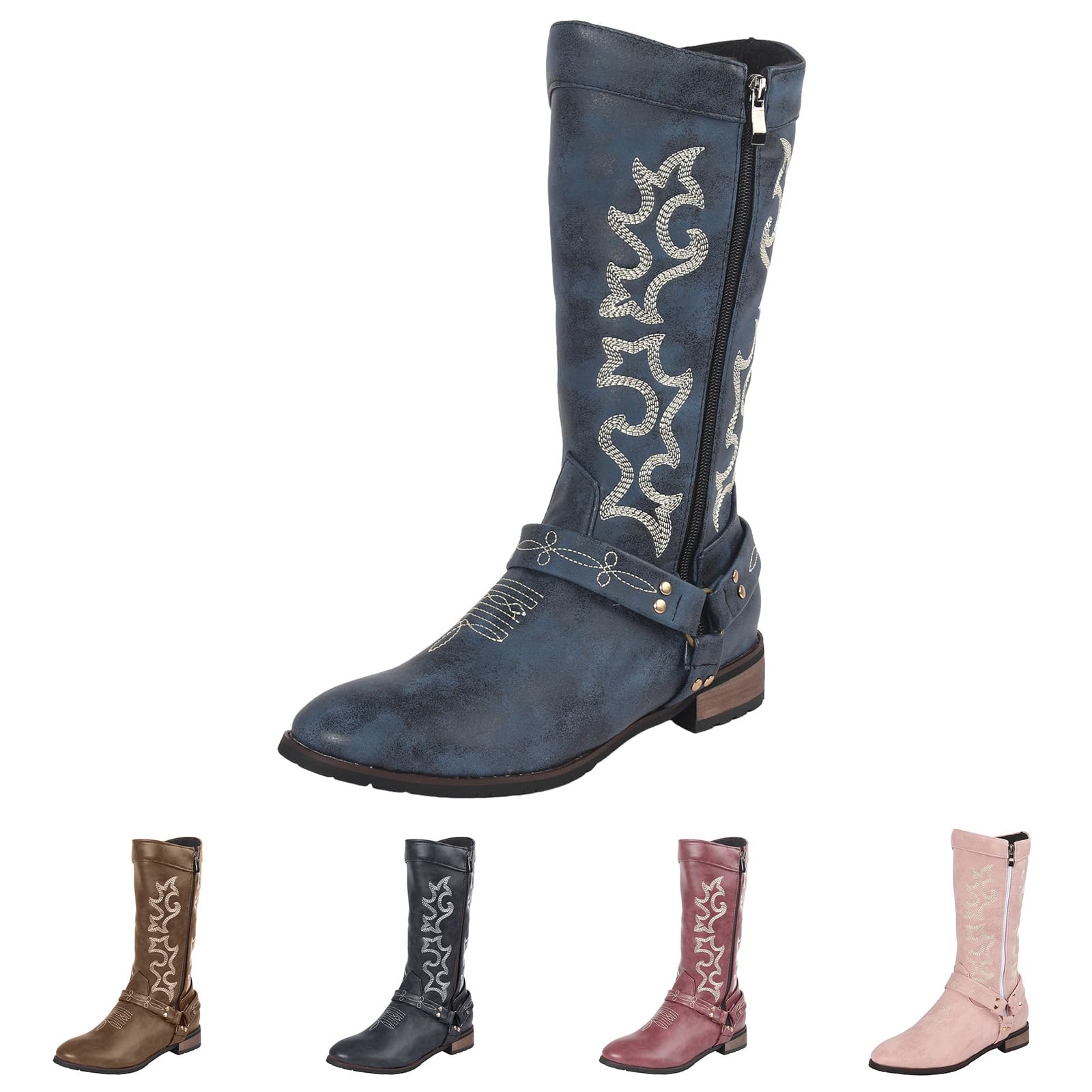 Womens Embroidered Cowboy Boots Knee High Cowgirl Riding Boot Low Chunky Heel Comfortable Pull On Western Pointed Toe