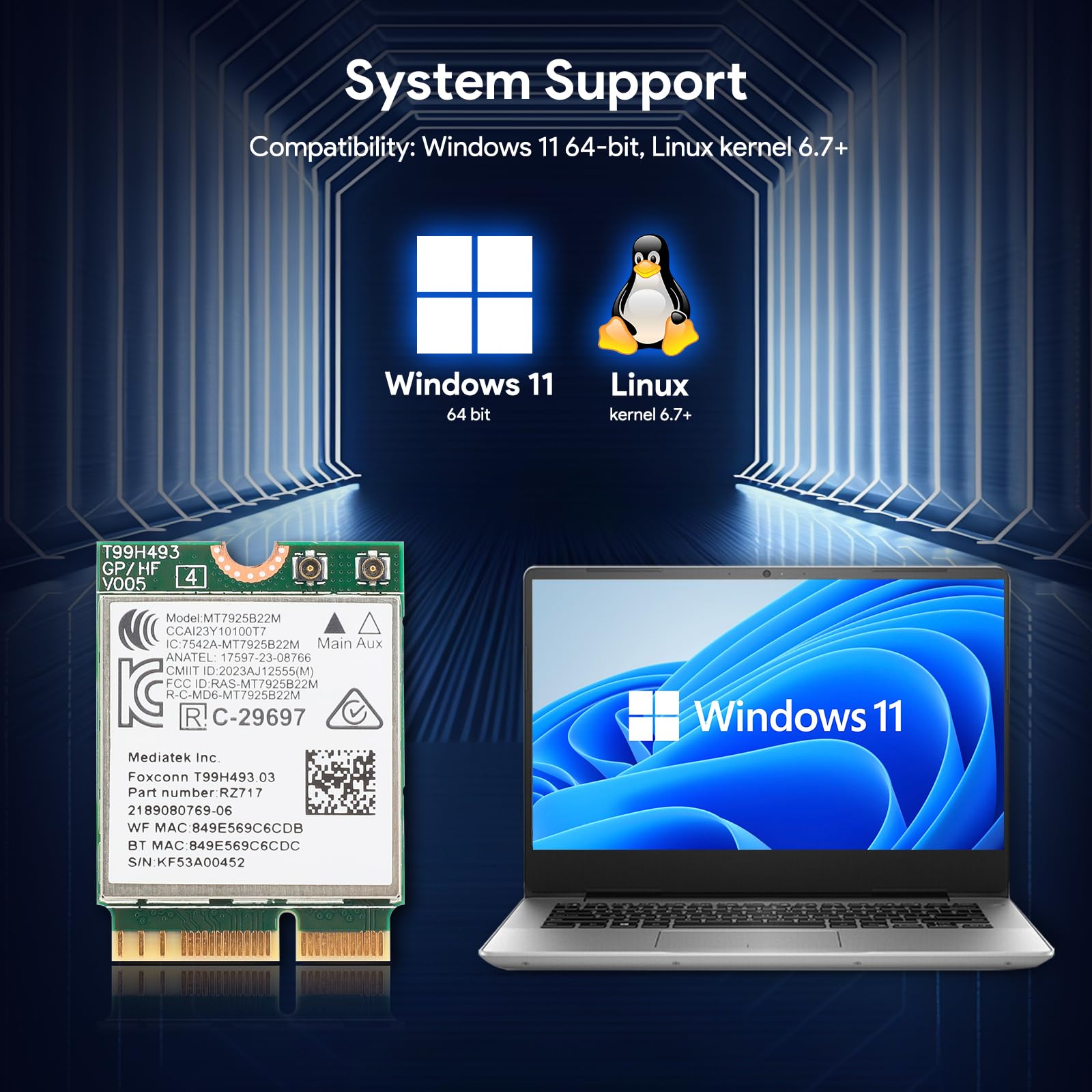 EDUP Scheda di rete wireless Wi-Fi 7 AXE6500 M.2 2230 Wi-Fi 7 per laptop, Bluetooth 5.4 Tri-Band 6G/5G/2.4Ghz OFDMA 802.11be, compatibile con Intel/AMD Windows 11 (64-Bit) e Linux Kernel 6.7+