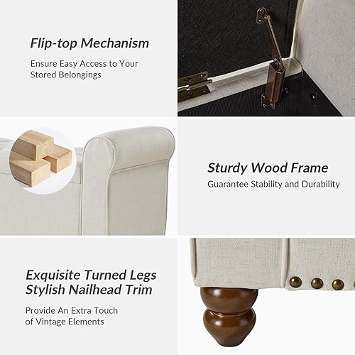 Miniatura 5 de HULALA Home Banco otomano de almacenamiento con reposabrazos enrollado, banco de cama con botones copetudos con patas de madera maciza, tapa