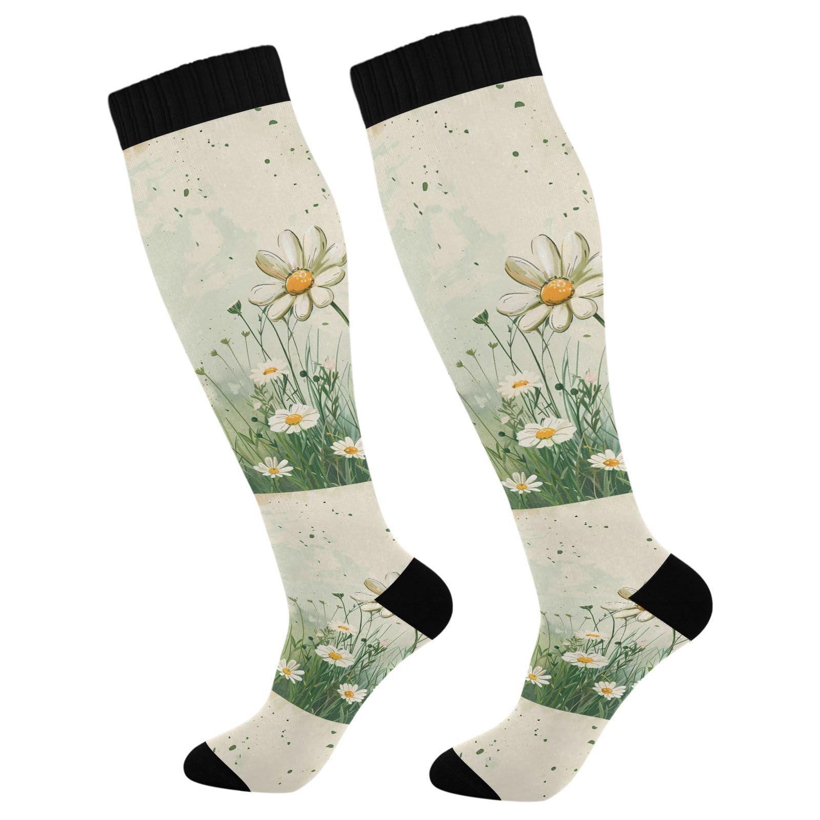 Wassud Vintage Spring Daisies Compression Socks for Women and Men 20-30 mmHg Knee High Socks for Nurses Travel Socks 1 Pair