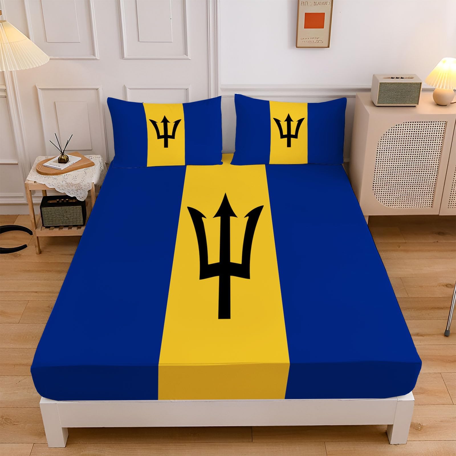 Barbados Flag Fitted Sheets Double - 30Cm Deep, Geometric Trident Bed Sheets, Soft Brushed Microfiber Easy Care Fade Resistant Breathable Dark Blue Bed Sheet (140X200Cm)