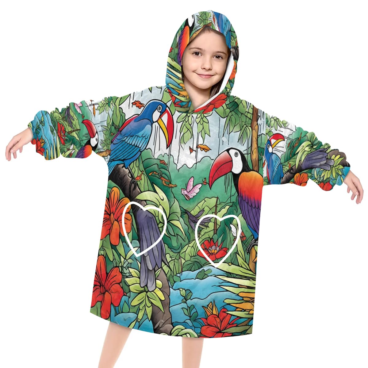 Kids Blanket Hoodie Summer Toucan Leaf Wearable Blanket Hoodie Oversized Hooded Blanket, Sweatshirt Blanket with Pockets Soft Warm Kids Hooded Blanket for Girls, Boys