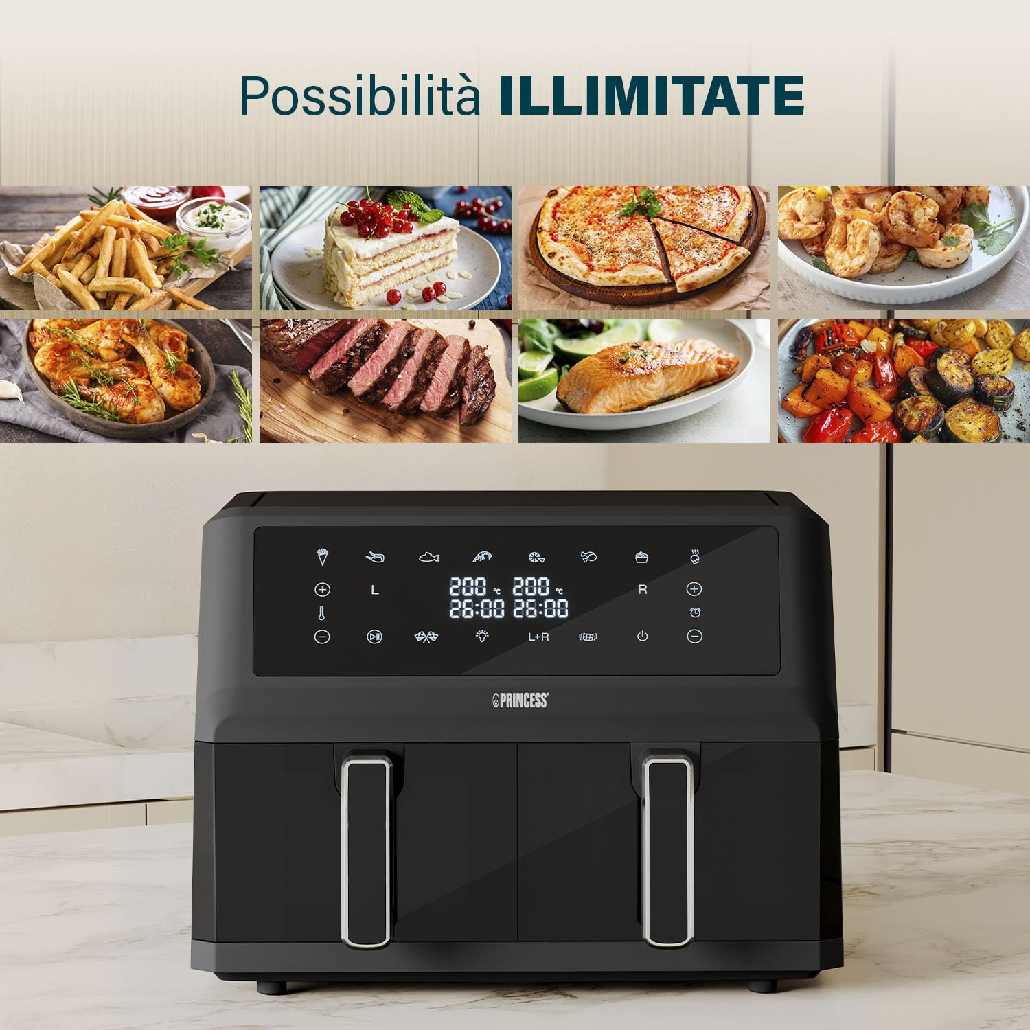 Princess XXL Friggitrice senza olio con doppio cestello - 11 L - Senza BPA e PFAS - Fine cottura sincronizzato - 8 programmi - Finestra di visualizzazione - 2400 W - 2x5,5 L - 182276