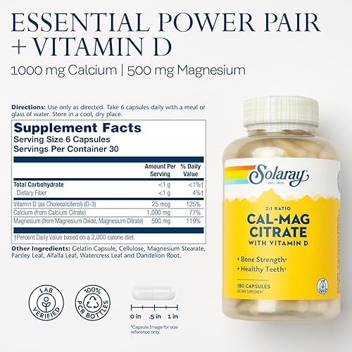 Miniatura 2 de SOLARAY Proporción 21 de citrato de calcio y magnesio con vitamina D-3, huesos sanos, apoyo muscular y sistema nervioso, alta absorción, 180 cápsulas