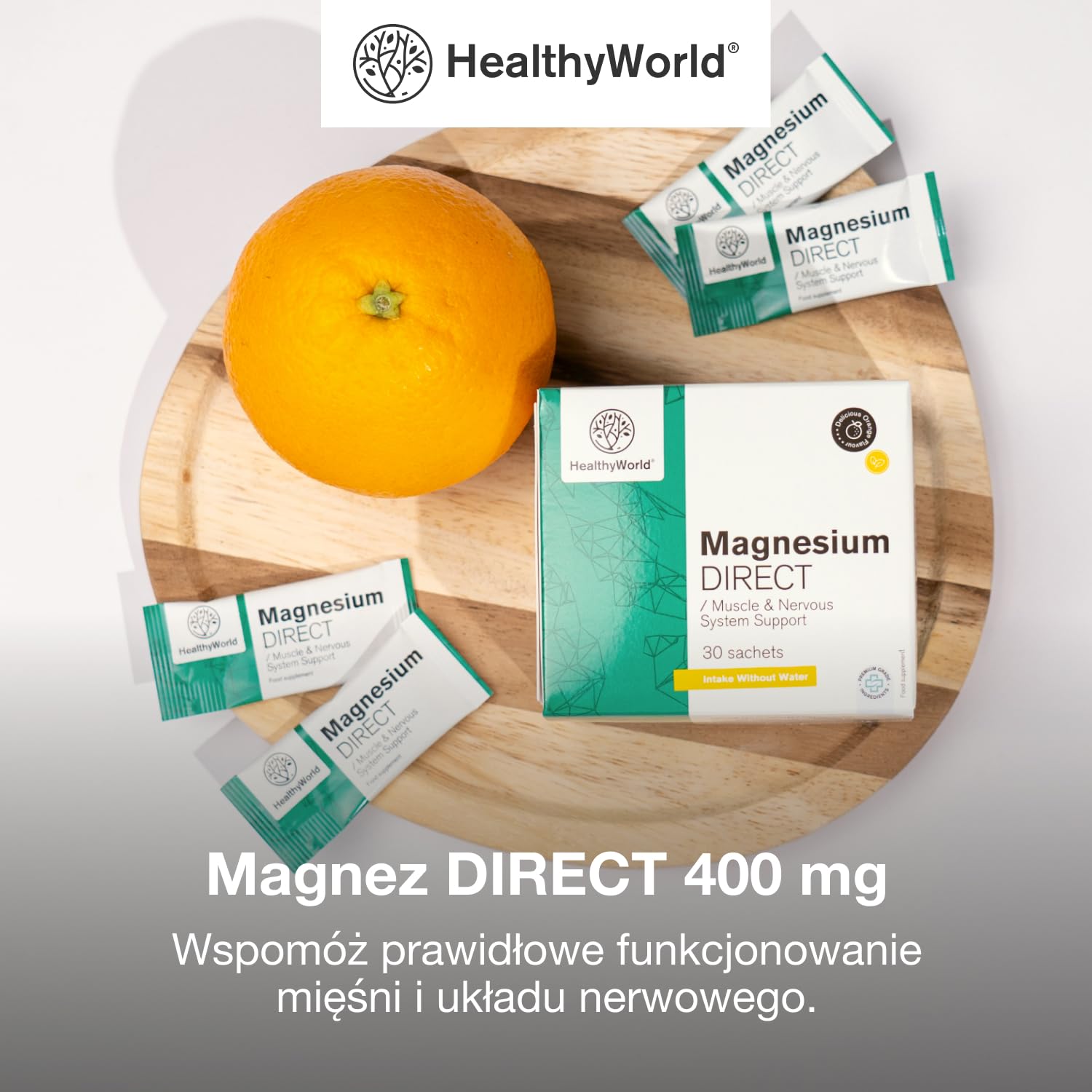 HealthyWorld Magnez DIRECT – 400 mg – Smak pomarańczy – 30 saszetek – Cytrynian + tlenek – Optymalne wchłanianie – Wsparcie dla mięśni i układu nerwowego – Zwiększenie energii