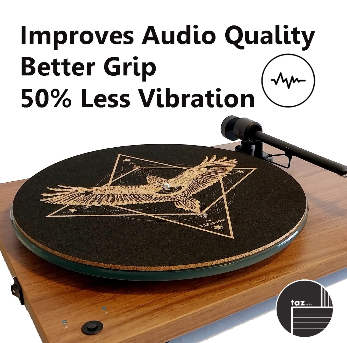 TazStudio Alfombrilla antideslizante de alta calidad, alfombrilla giratoria de corcho [4 mm de grosor] para un mejor soporte de sonido en tocadiscos de vinilo LP - Alfombrilla de corcho con diseño