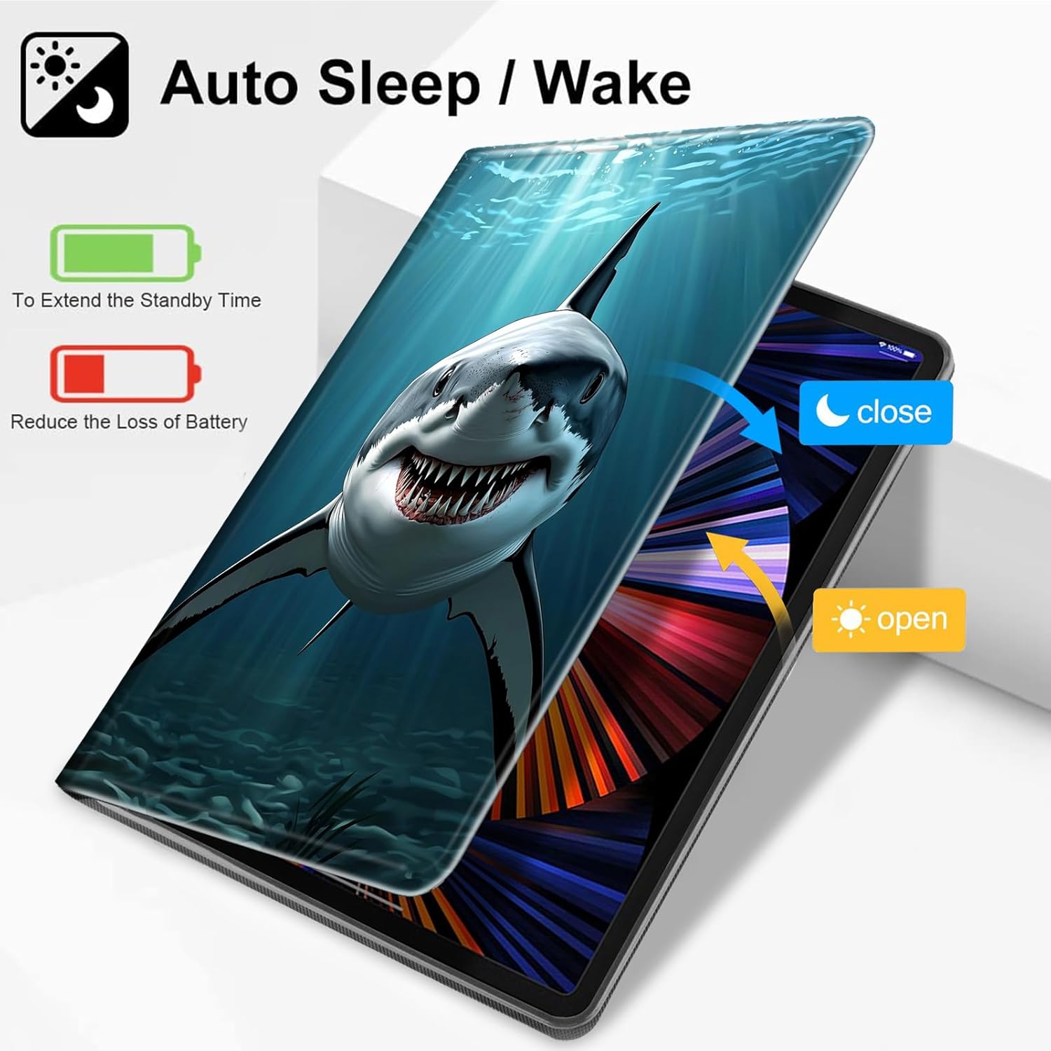 for Amazon Fire HD 8 Tablet Case (12th/10th Generation, 2024/2022/2020 Release)-Slim PU Leather Adjustable Stand Smart Cover with Auto Wake/Sleep,Shark