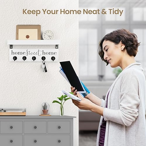 Miniatura 5 de FIPUTE Soporte de pared para llaves, estante rústico con ganchos para abrigos, correas, madera de Paulownia con ganchos de metal para llaves mejora